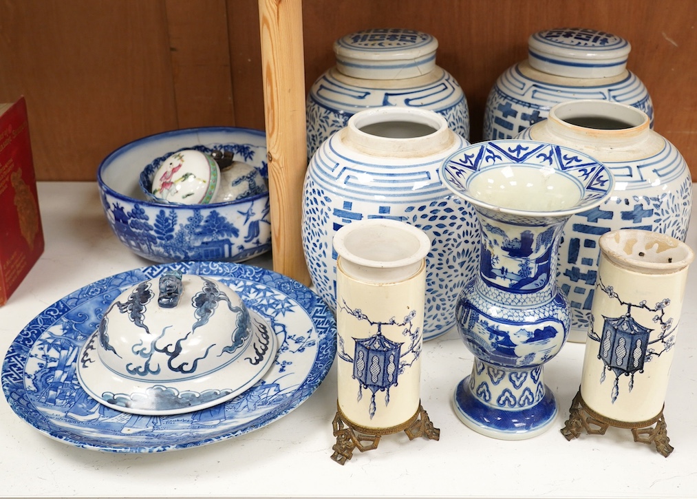 A group of oriental blue and white ceramics, tallest 24cm. Condition - varies